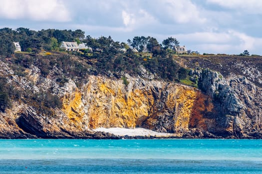 Beautiful village of Morgat with the sand beach and rocky coastline, Finistere, Brittany (Bretagne), France.