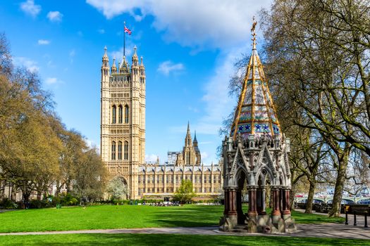 Westminster Abbey viewed from Victoria tower gardens, London, UK.