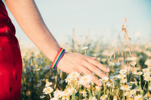 woman's hand with rainbow bracelet in the field
