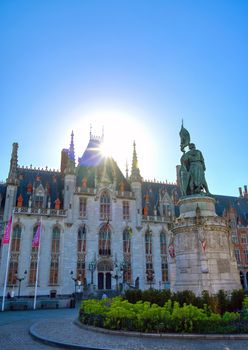 Bruges, Belgium - April 26, 2019 - The Provinciaal Hof (Province Court) is a Neogothical building on the market place in Bruges, Belgium.