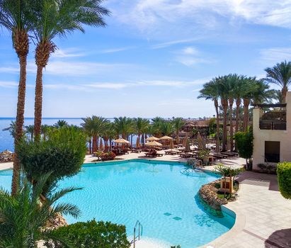 azure water pool and green palm trees on the background of the Red Sea in Sharm El Sheikh Egypt