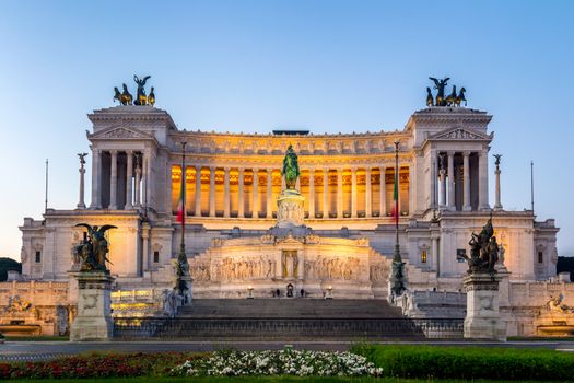 Beautiful Altar Of The Fatherland (Altare della Patria, known as the national Monument to Victor Emmanuel II or II Vittoriano ) at sunset.Famous Roman landmark. Piazza Venezia. Rome. Italy. Europe.