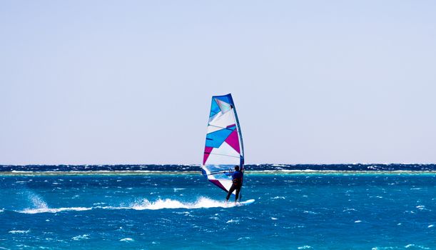 windsurfer rides on the waves of the Red Sea in Egypt Dahab