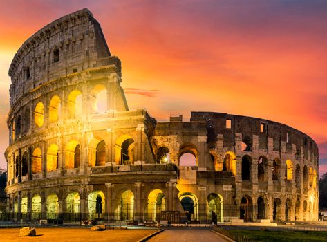 View of Colosseum in Rome at sunrise, Italy, Europe