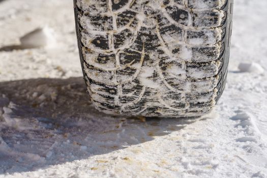 Tire for winter with spikes and its imprint on the road covered with snow