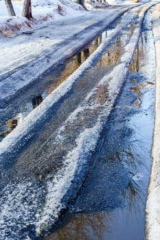 road covered with snow and ice with ruts on the street of the provincial Russian city