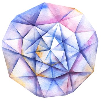 Watercolor hand painted faceted round diamond crystal