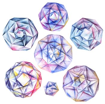 Watercolor hand painted faceted round diamond crystals set