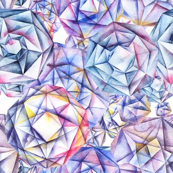 Watercolor hand painted faceted round diamond crystals. Abstract seamless pattern.