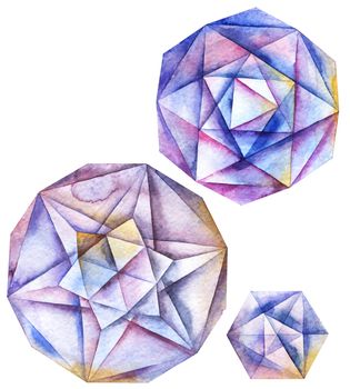 Watercolor hand painted faceted round diamond crystals set