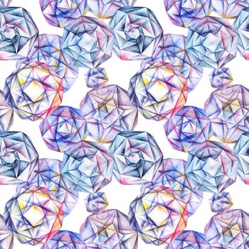 Watercolor hand painted faceted round diamond crystals. Abstract seamless pattern.
