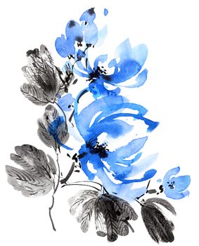 Watercolor and ink illustration of blossom tree with blue flowers and leaves. Oriental traditional painting in style sumi-e, u-sin and gohua.