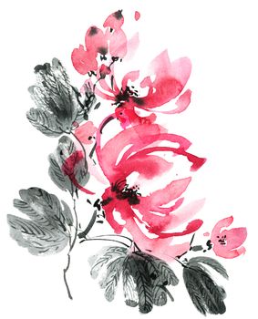 Watercolor and ink illustration of blossom tree with pink flowers and leaves. Oriental traditional painting in style sumi-e, u-sin and gohua.