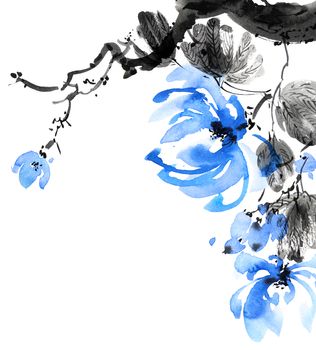 Watercolor and ink illustration of blossom tree with blue flowers and leaves. Oriental traditional painting in style sumi-e, u-sin and gohua.