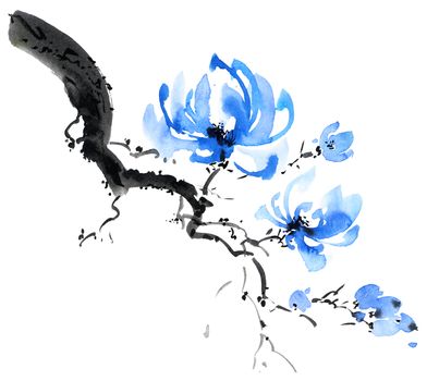 Watercolor and ink illustration of blossom tree with blue flowers. Oriental traditional painting in style sumi-e, u-sin and gohua.