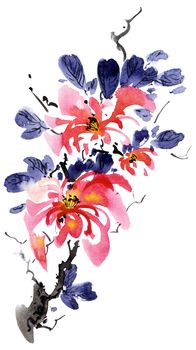 Watercolor and ink illustration of blossom tree with pink flowers and leaves. Oriental traditional painting in style sumi-e, u-sin and gohua.