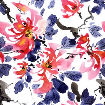 Watercolor and ink illustration of blossom tree with pink flowers and leaves. Oriental traditional painting in style sumi-e, u-sin and gohua. Seamless pattern.