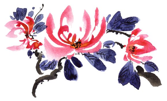 Watercolor and ink illustration of blossom tree with pink flowers and leaves. Oriental traditional painting in style sumi-e, u-sin and gohua.