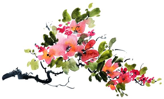 Watercolor and ink illustration of blossom tree with pink flowers and leaves. Oriental traditional painting in style sumi-e, u-sin and gohua.