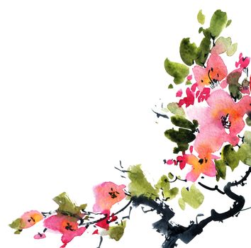 Watercolor and ink illustration of blossom tree with pink flowers and leaves. Oriental traditional painting in style sumi-e, u-sin and gohua.