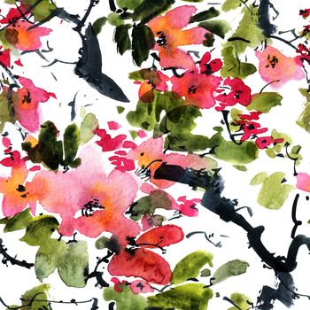 Watercolor and ink illustration of blossom tree with pink flowers and leaves. Oriental traditional painting in style sumi-e, u-sin and gohua. Seamless pattern.