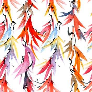 Watercolor and ink illustration of rainbow color tree leaves in style sumi-e, u-sin. Oriental traditional painting. Seamless pattern.