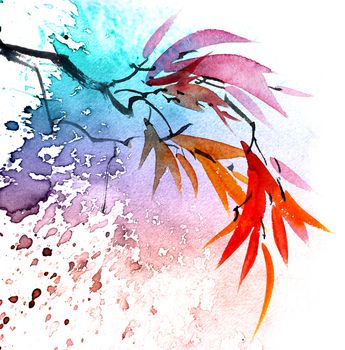 Watercolor and ink illustration of rainbow color tree leaves in style sumi-e, u-sin. Oriental traditional painting.