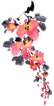 Watercolor and ink illustration of blossom tree with pink flowers and leaves. Oriental traditional painting in style sumi-e, u-sin and gohua.