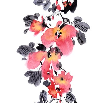 Watercolor and ink illustration of blossom tree with pink flowers and leaves. Oriental traditional painting in style sumi-e, u-sin and gohua. Seamless border.