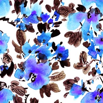 Watercolor and ink illustration of tree with blue flowers and leaves. Oriental traditional painting in style sumi-e, u-sin and gohua. Seamless pattern.