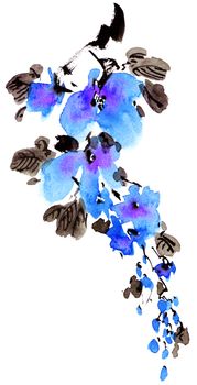 Watercolor and ink illustration of tree with blue flowers and leaves. Oriental traditional painting in style sumi-e, u-sin and gohua.