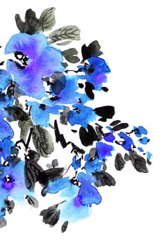 Watercolor and ink illustration of blossom tree with blue flowers and leaves. Oriental traditional painting in style sumi-e, u-sin and gohua.