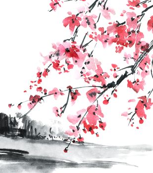 Watercolor and ink illustration of blossom sakura tree with pink flowers on abstract landscape background. Oriental traditional painting in style sumi-e, u-sin.