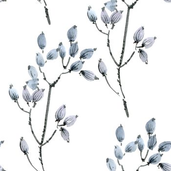 Watercolor and ink illustration of meadow plant on white background. Oriental traditional painting in style sumi-e, u-sin. Seamless pattern.