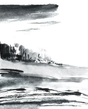 Watercolor and ink illustration abstract chinese landscape. Oriental traditional painting in style sumi-e, u-sin.