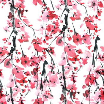 Watercolor and ink illustration of blossom sakura tree with pink flowers on white background. Oriental traditional painting in style sumi-e, u-sin. Seamless pattern.