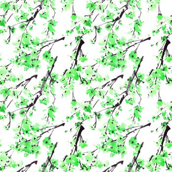 Watercolor and ink illustration of tree with green leaves on white background. Oriental traditional painting in style sumi-e, u-sin. Seamless pattern.