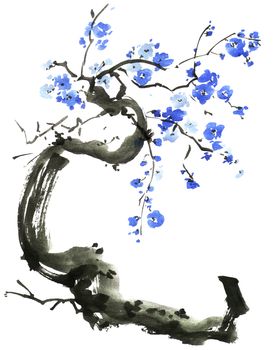 Watercolor and ink illustration of blossom tree with blue flowers on white background. Oriental traditional painting in style sumi-e, u-sin.