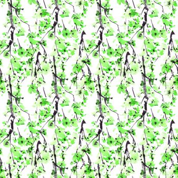 Watercolor and ink illustration of tree with green leaves on white background. Oriental traditional painting in style sumi-e, u-sin. Seamless pattern.