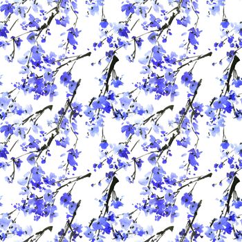 Watercolor and ink illustration of blossom tree with blue flowers on white background. Oriental traditional painting in style sumi-e, u-sin. Seamless pattern.