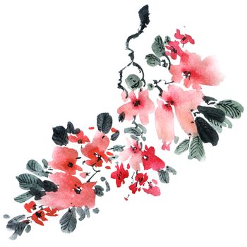 Watercolor and ink illustration of sakura tree with flowers and leaves. Oriental traditionalpainting in style sumi-e, u-sin and gohua.