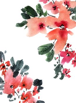 Watercolor and ink illustration of sakura tree with flowers and leaves. Oriental traditionalpainting in style sumi-e, u-sin and gohua.