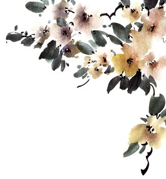 Watercolor and ink illustration of apple tree with flowers and leaves. Oriental traditional painting in style sumi-e, u-sin and gohua.