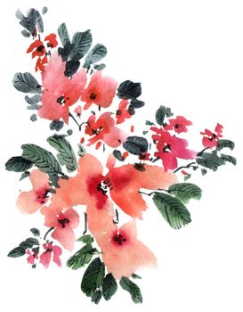 Watercolor and ink illustration of sakura tree with flowers and leaves. Oriental traditionalpainting in style sumi-e, u-sin and gohua.