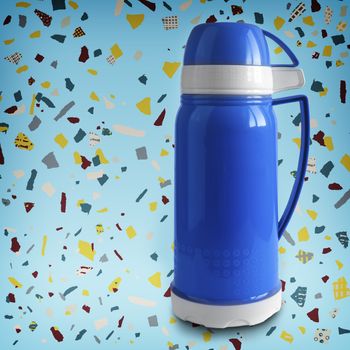 Blue thermos with two mugs and a handle. Presented on the background with the pattern in the style of terrazzo.