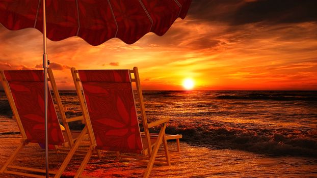 Two empty chairs on beach under opened umbrella with view on sea sunset - 3d rendering