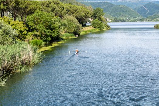 piediluco,italy june 22 2020:velino river which opens onto piediluco lake with rowing vests