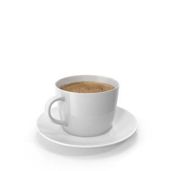 Cup of coffee on a saucer. Isolated on white background. 3D rendering. Copy space