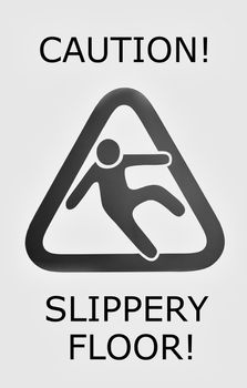 A warning sign that pedestrians may fall on a slippery surface. Black and white image.