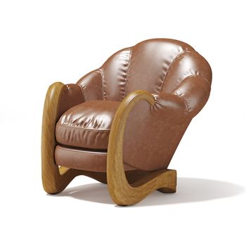 Comfortable soft chair, covered with brown leather, with wooden armrests on a white background. 3D rendering.